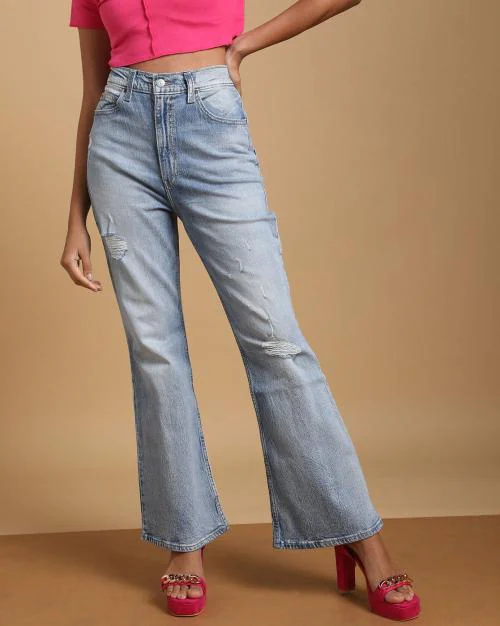 Light-Wash Distressed Bootcut Jeans