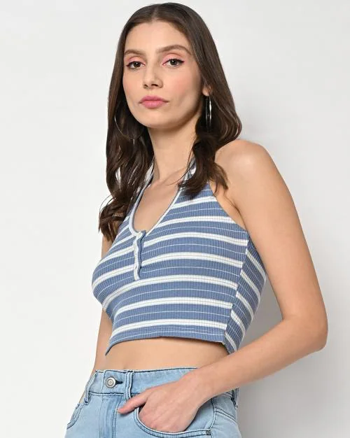 Striped Halter-Neck Crop Top