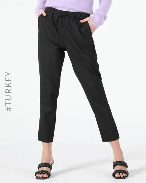 Flat-Front Regular Fit Trousers with Drawstring Waist