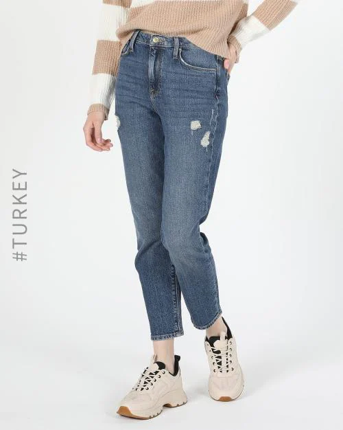 Lightly Washed Slim Fit Distress Jeans