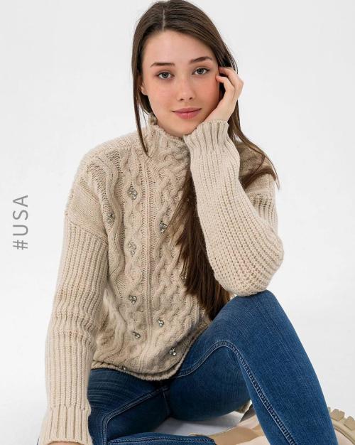 Embellished Cable-Knit High-Neck Pullover