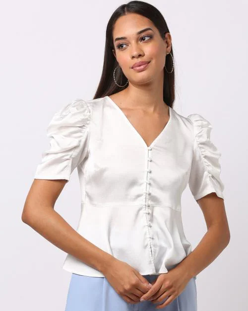 Peplum Top with Ruched Sleeves
