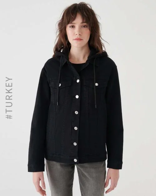 Fitted Hooded Denim Jacket with Flaps