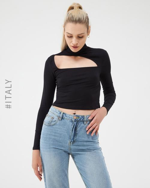 High-Neck Crop T-Shirt with Front Cut-Out