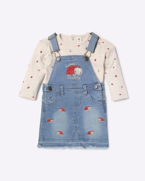 Embroidered Dungaree Dress & Top Set