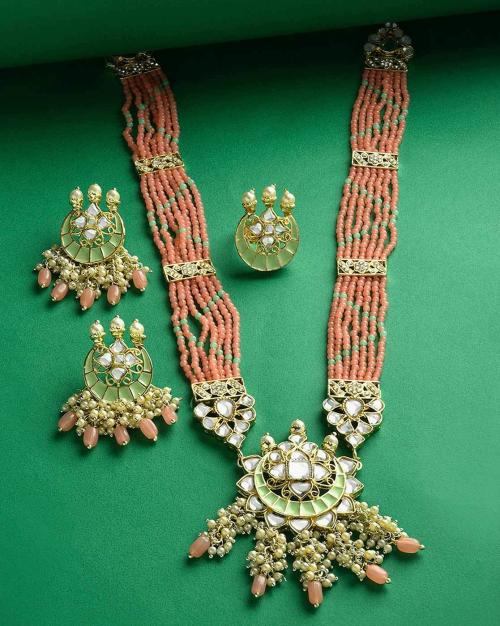 Meenakari Multi-Strand Kundan Necklace Earrings & Ring Set - ZPFK15151