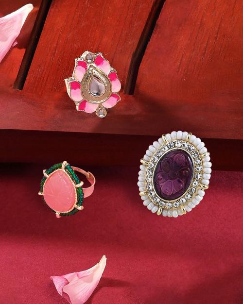 Buy Set of 3 Stones & Beads Ethnic Finger RingsZPFK15395 Online at