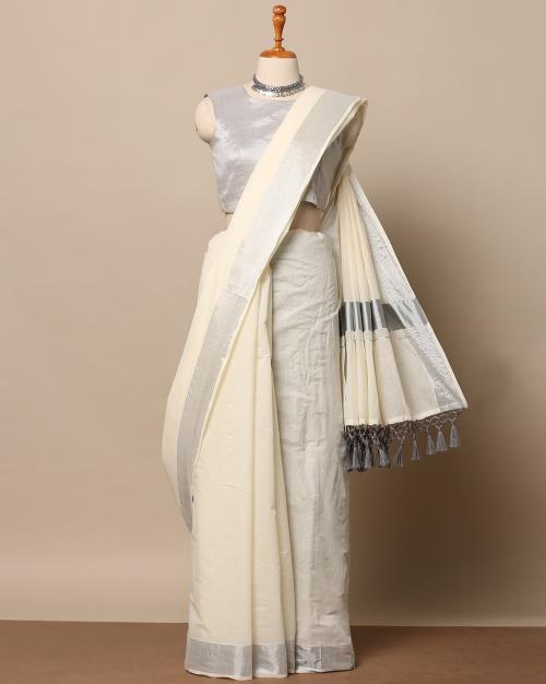 Kerala Kasavu Cotton Saree with 3-4 Inch Silver Zari border and Tassels