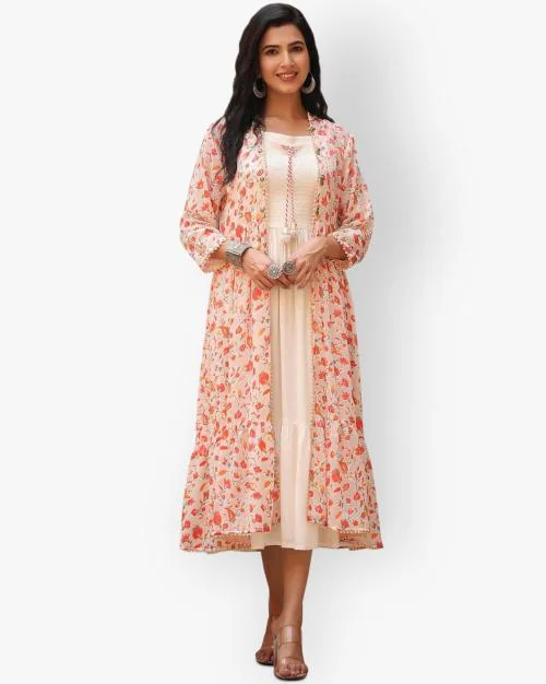 Smoked Tiered Dress with Printed Shrug