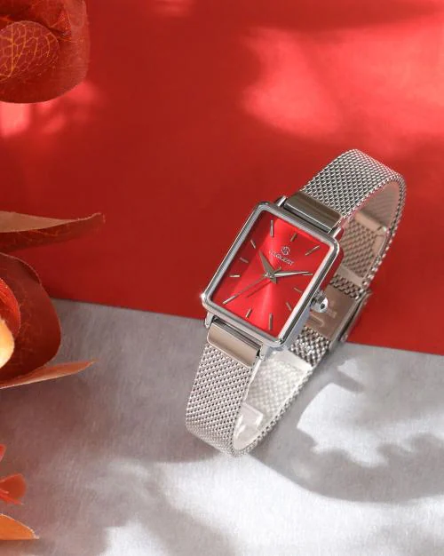 Red Dial Analogue Fashion Watch with Mesh Strap For Women