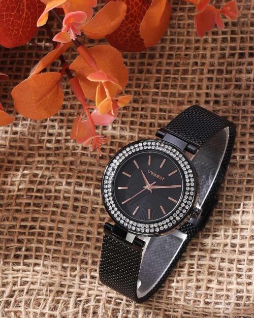 Black Dial Analogue Fashion Watch with Mesh Strap for Women