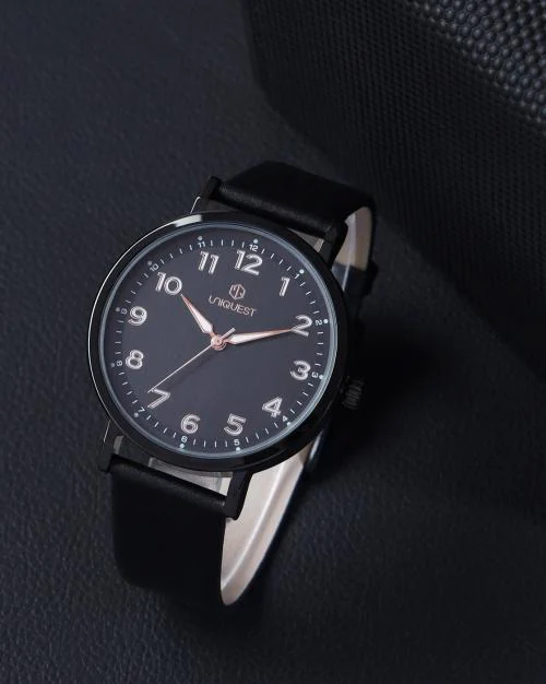 Black Dial Analogue Fashion Watch with Leather Strap For Men