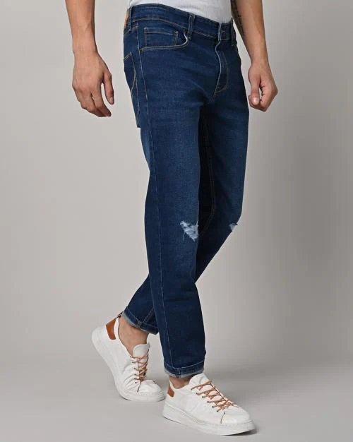 Mid-Wash Distressed Tapered Fit Jeans