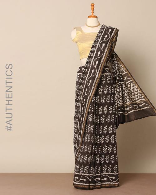 Handblock Printed Pipar Pure Chanderi Saree