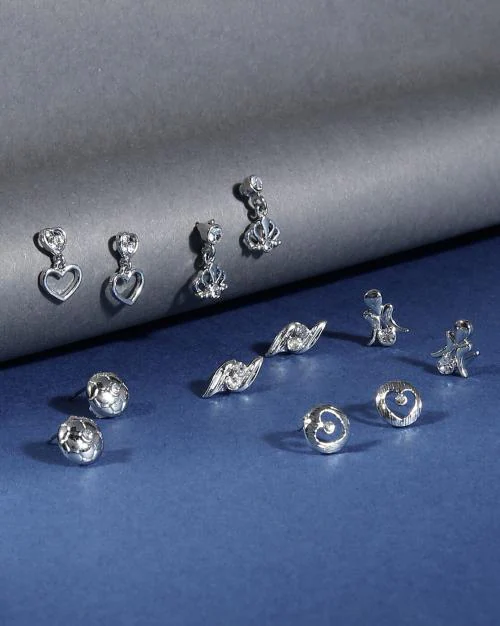 Silver-Toned Pack Of 6 Pairs Of Stud Earrings