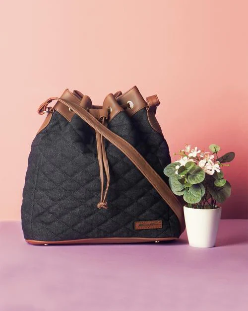 Women Quilted Drawstring Bucket Bag
