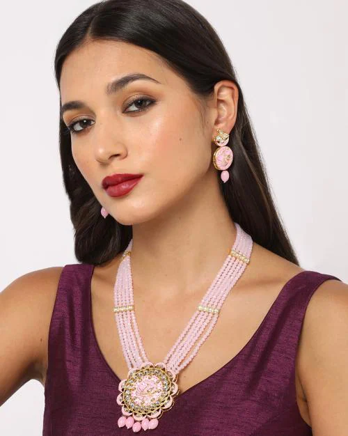 Layered Stone-Studded Necklace & Earrings Set