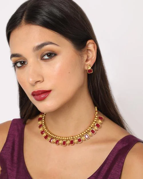 Stone-Studded Necklace & Earrings Set