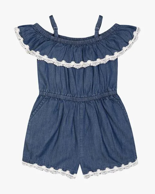 Denim Off Shoulder Ruffle Romper Jumpsuit