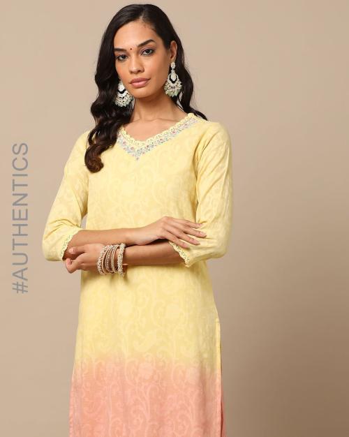 Buy Embroidered Cotton Jacquard Kurta with Lace Details Online at Best