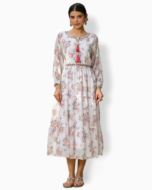 Floral Print Tiered Dress with Belt