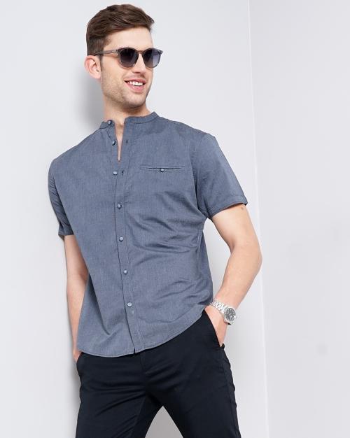 Men Slim Fit Half Sleeve Shirt with Mandarin Collar