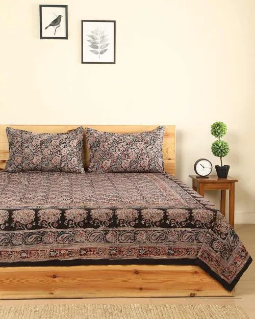 Buy Kalamkari Handblock Print Cotton Double Bedsheet with 2 Pillow