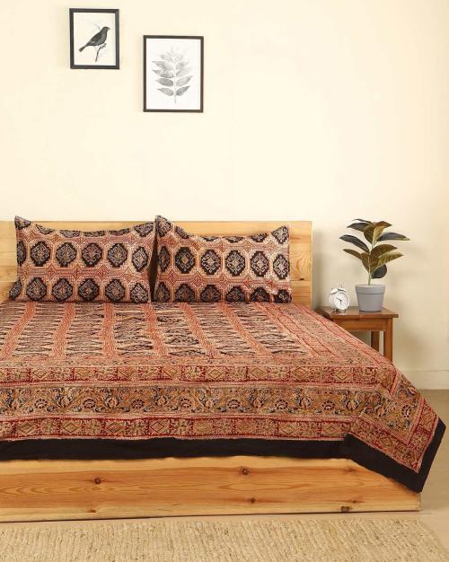 Buy Kalamkari Handblock Print Cotton Double Bedsheet with 2 Pillow