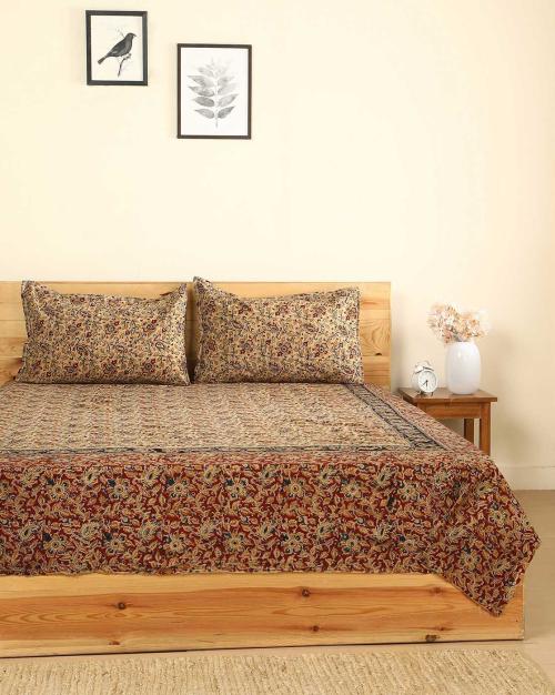 Buy Kalamkari Handblock Print Double Bedsheet with Pillow Covers Online