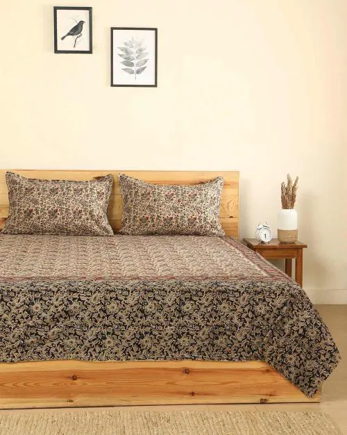 Buy Kalamkari Handblock Print Cotton Double Bedsheet with 2 Pillow