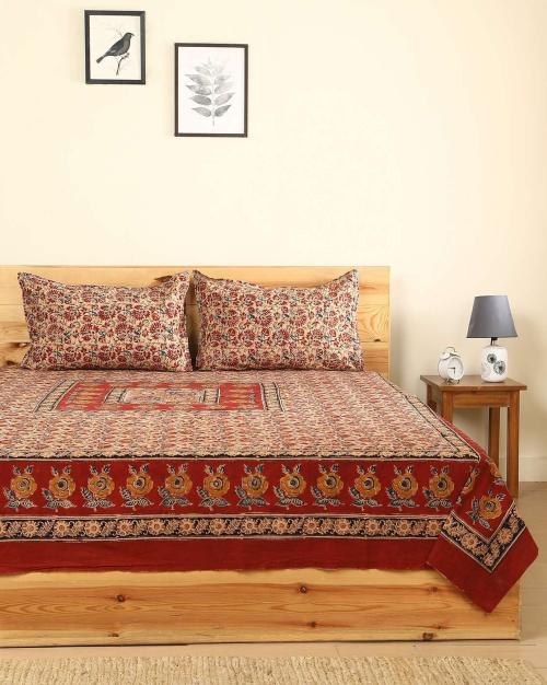 Buy Kalamkari Handblock Print Cotton Double Bedsheet with Pillow Covers