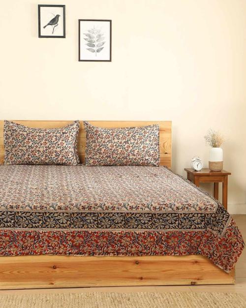 Buy Kalamkari Handblock Print Cotton Double Bedsheet with 2 Pillow