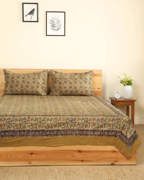 Buy Kalamkari Handblock Print Cotton Double Bedsheet with 2 Pillow