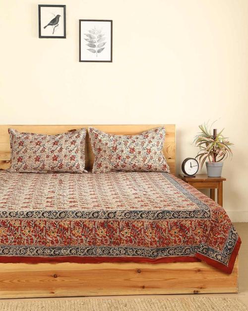 Buy Kalamkari Handblock Print Cotton Double Bedsheet with 2 Pillow