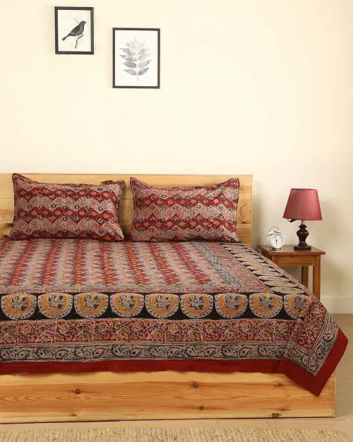 Buy Kalamkari Handblock Print Cotton Double Bedsheet with Pillow Covers