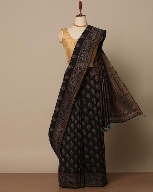 Kutch Handblock Print Ajrak Pure Chanderi Saree