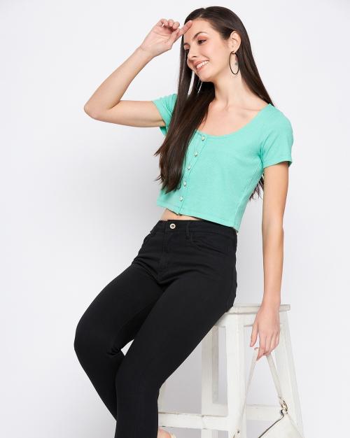 Ribbed Button-Down Crop Top