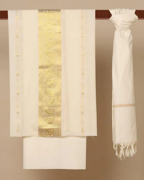 Kerala Kasavu Cotton 3-Piece Dress Material with Zari Border