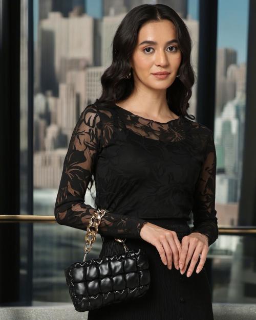 Women Floral Mesh Slim Fit Sheer Top