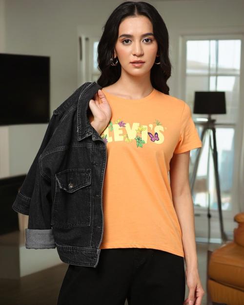 Women Logo Print Regular Fit Round-Neck T-Shirt