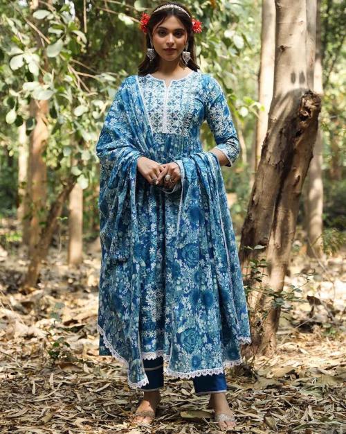 Cotton Chikankari Anarkali Kurta Suit Set
