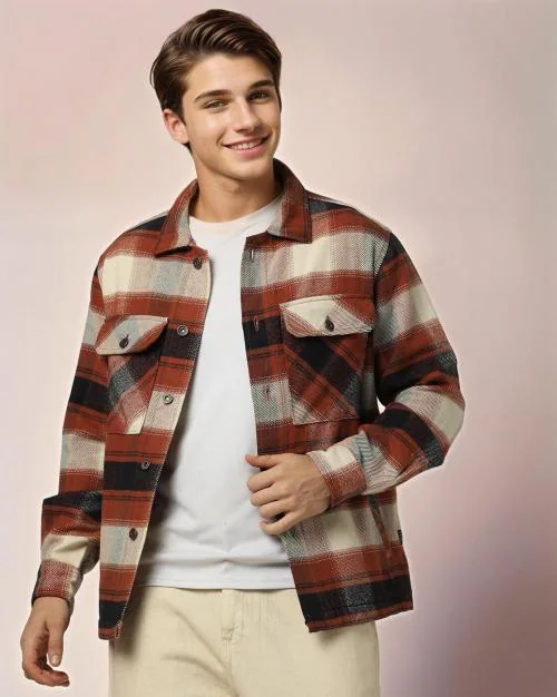 Men Brushed Checked Shirt Jacket