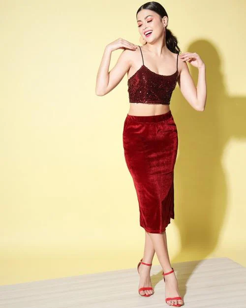 Buy Embellished Crop Top Slit Skirt Co-ord Set Online at Best