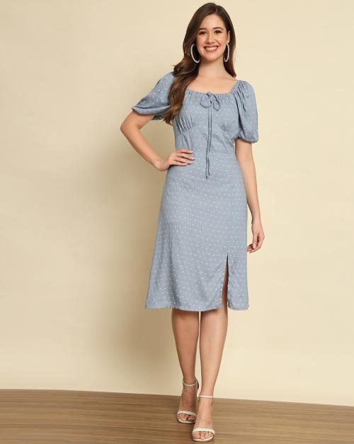 Polka-Dot A-Line Dress with Slit