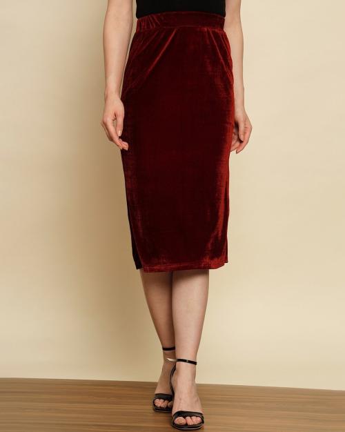 Velvet Pencil Skirt with Side Slit