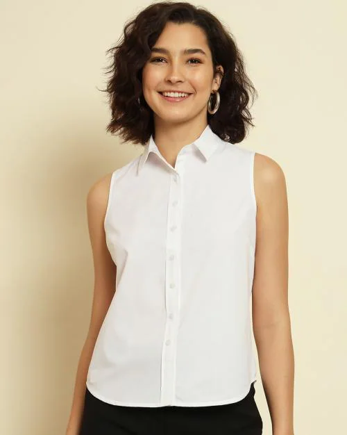 Sleevless Shirt with Spread Collar