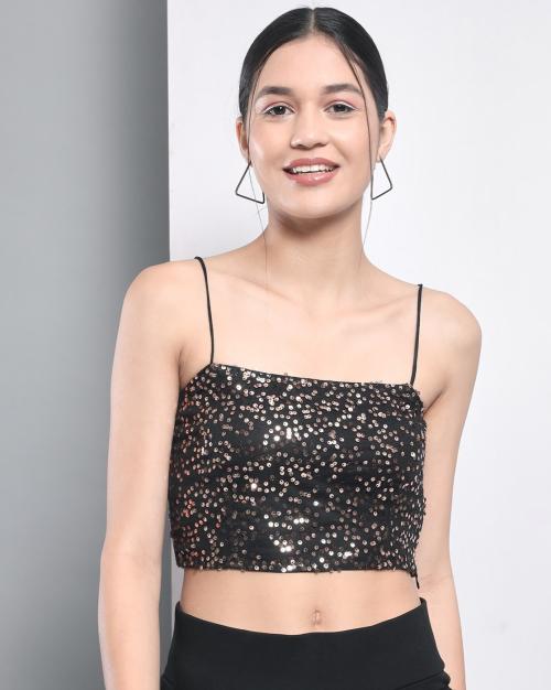 Sequined Square-Neck Crop Top