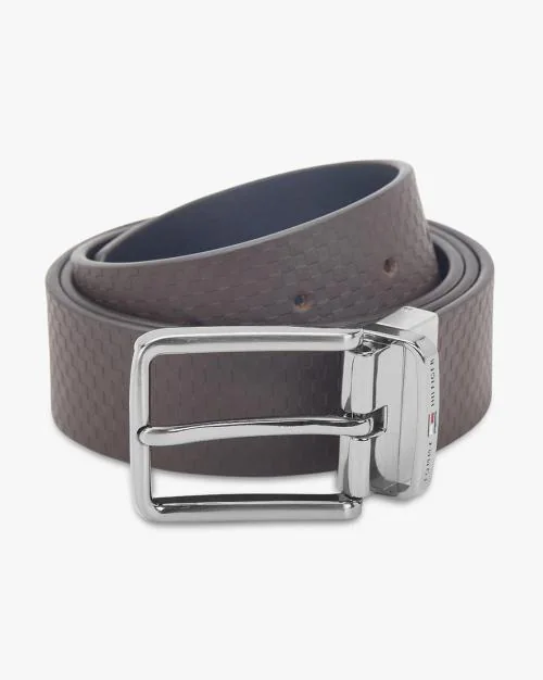 Men Checked Leather Belt with Buckle Closure