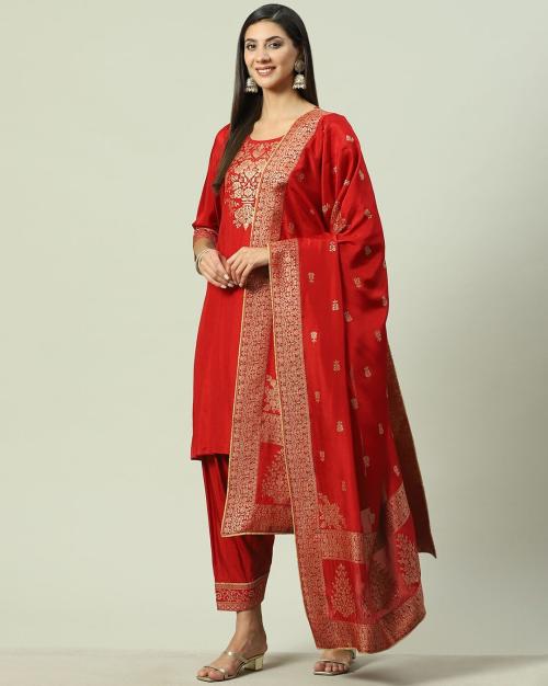 Women Floral Woven Straight Kurta Set with Dupatta