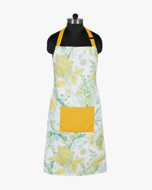 Floral Print Apron with Patch Pocket